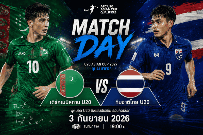 วิเคราะห์บอล เติร์กเมนิสถาน U20 พบ ทีมชาติไทย U20 ฟุตบอล U20 ชิงแชมป์เอเชีย รอบคัดเลือก 3 กันยายน 2026